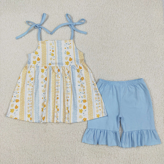 Sibling Boys Baby Girls Yellow Floral Bows Summer Outfits Sets