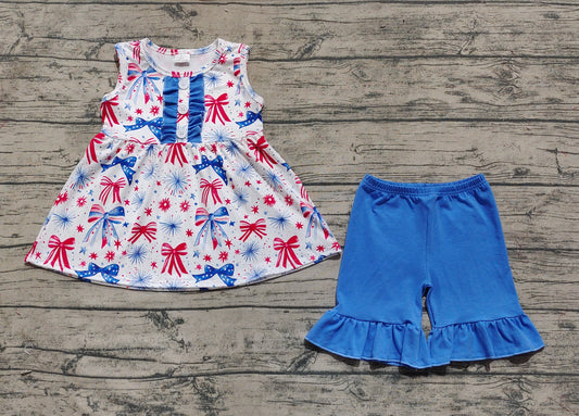 Baby Girls Blue Red Bows Fireworks Tunic Ruffle Shorts 4th Of July Sets