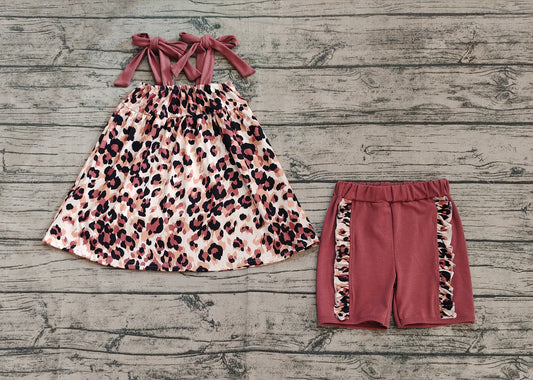 Baby Girls Brown Bows Strap Leopard Tunic Ruffle Shorts Sets