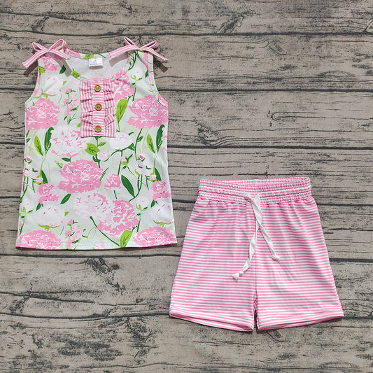 Baby Girls Pink Sleeveless Floral Button Top Stripe Shorts Set