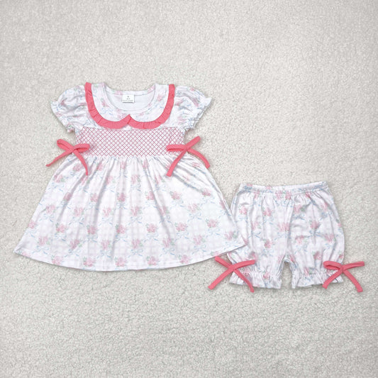 Sibling Embroidery Baby Girls Checkered Bows Tunic Ruffle Shorts Clothes Sets