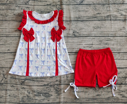 Baby Girls Red Blue Bows Flags Tunic Ruffle Shorts 4th Of July Set