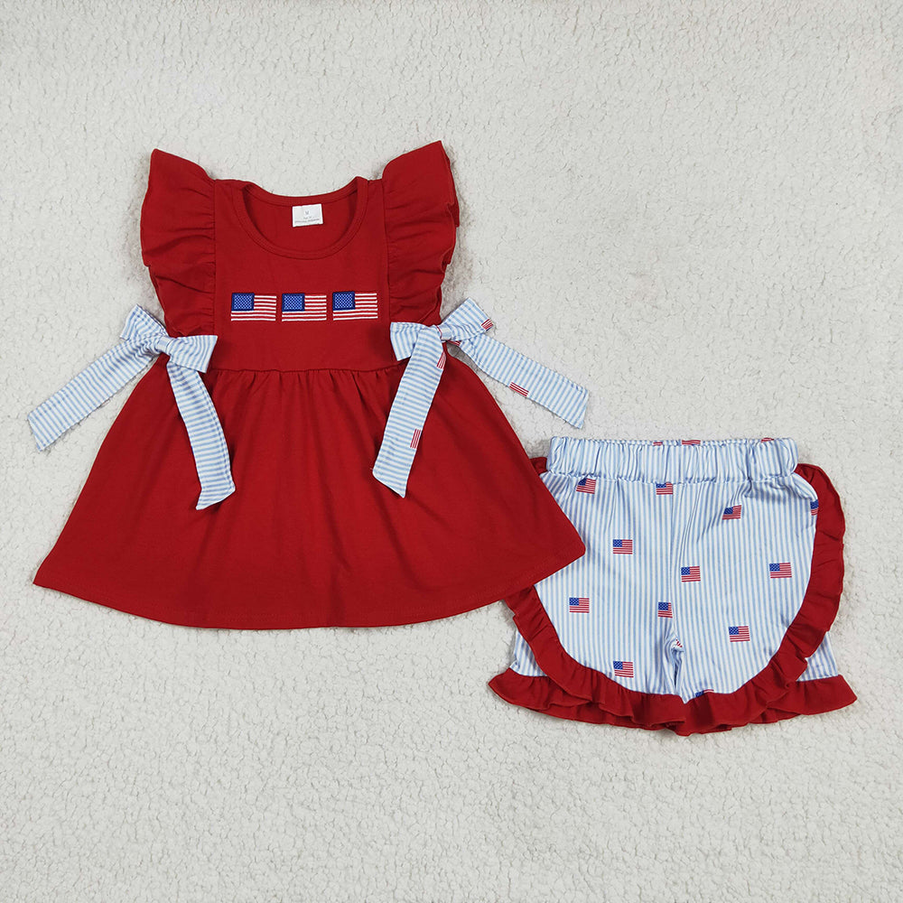 Embroidery Baby Girls Red Flags Bows Tunic Stripe Ruffle Short 4th Of July Sets