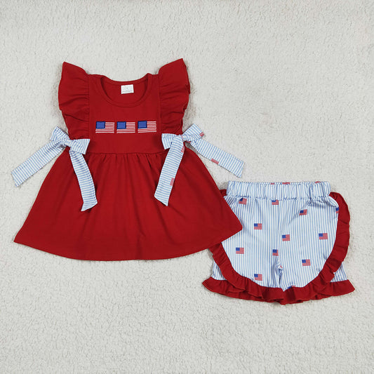 Sibling Embroidery Baby Girls Red Flags 4th of July Bows Rompers Outfits Sets