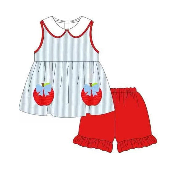 Preorder moq 5 Baby Girls Sleeveless Bows Apples Stripe Tunic Ruffle Shorts Back To School Set