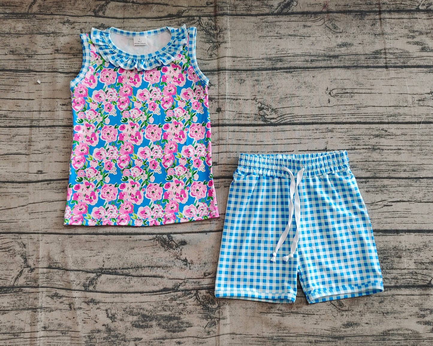 Baby Girls Blue Plaid Sleeveless Floral Top Shorts Set