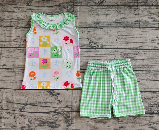 Baby Girls Green Plaid Sleeveless Floral Top Short Set