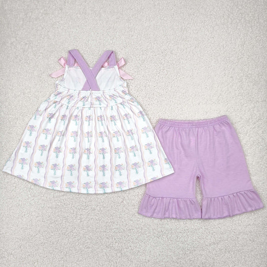 Baby Girls Lavender Strap Floral Stripe Tunic Ruffle Shorts Sets