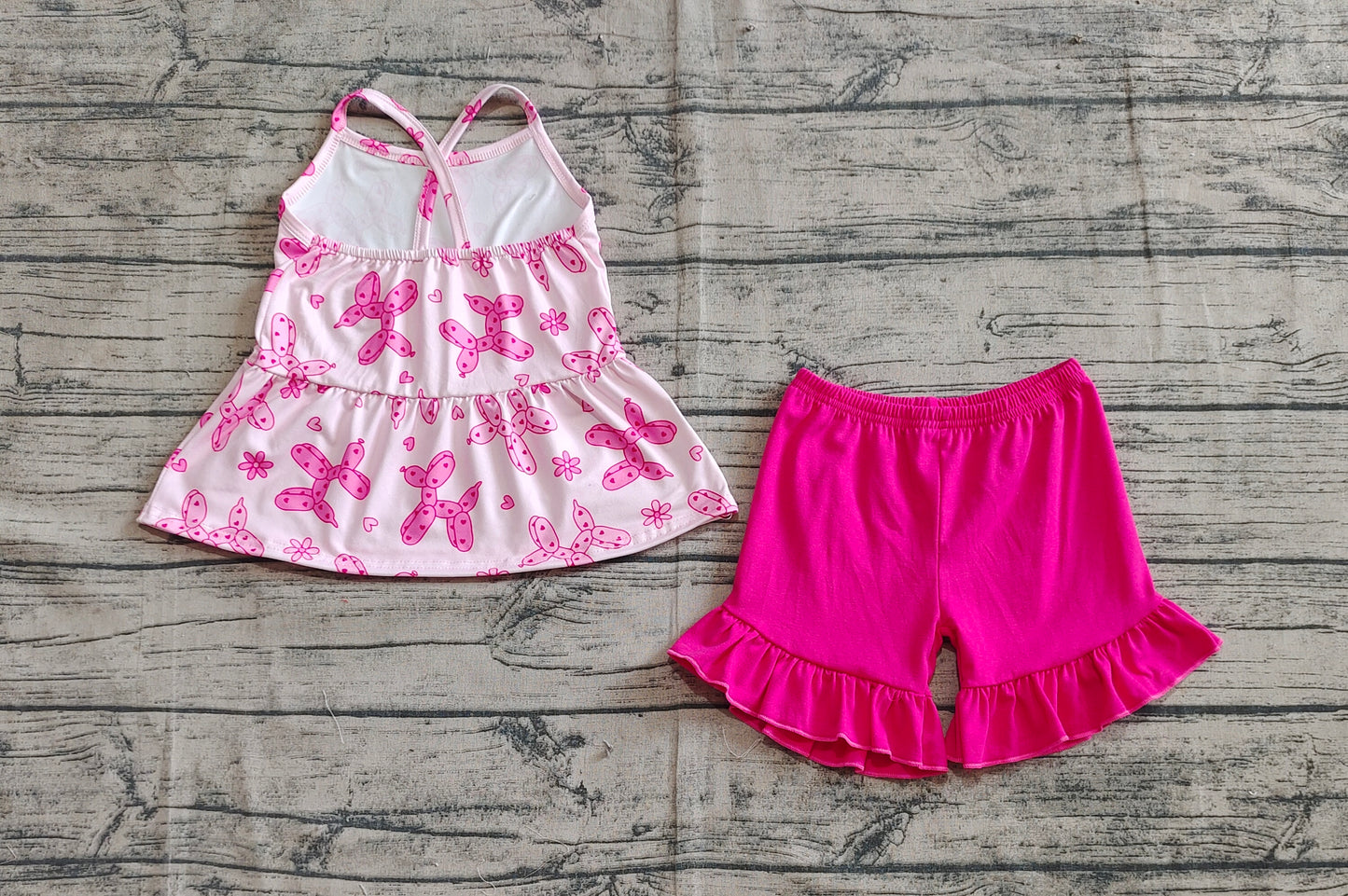 Baby Girls Pink Strap Flowers Hearts Dogs Top Ruffle Shorts Sets