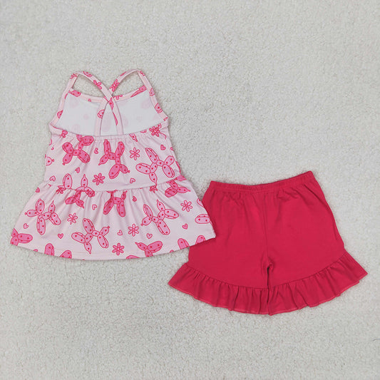 Baby Girls Pink Strap Flowers Hearts Dogs Top Ruffle Shorts Sets