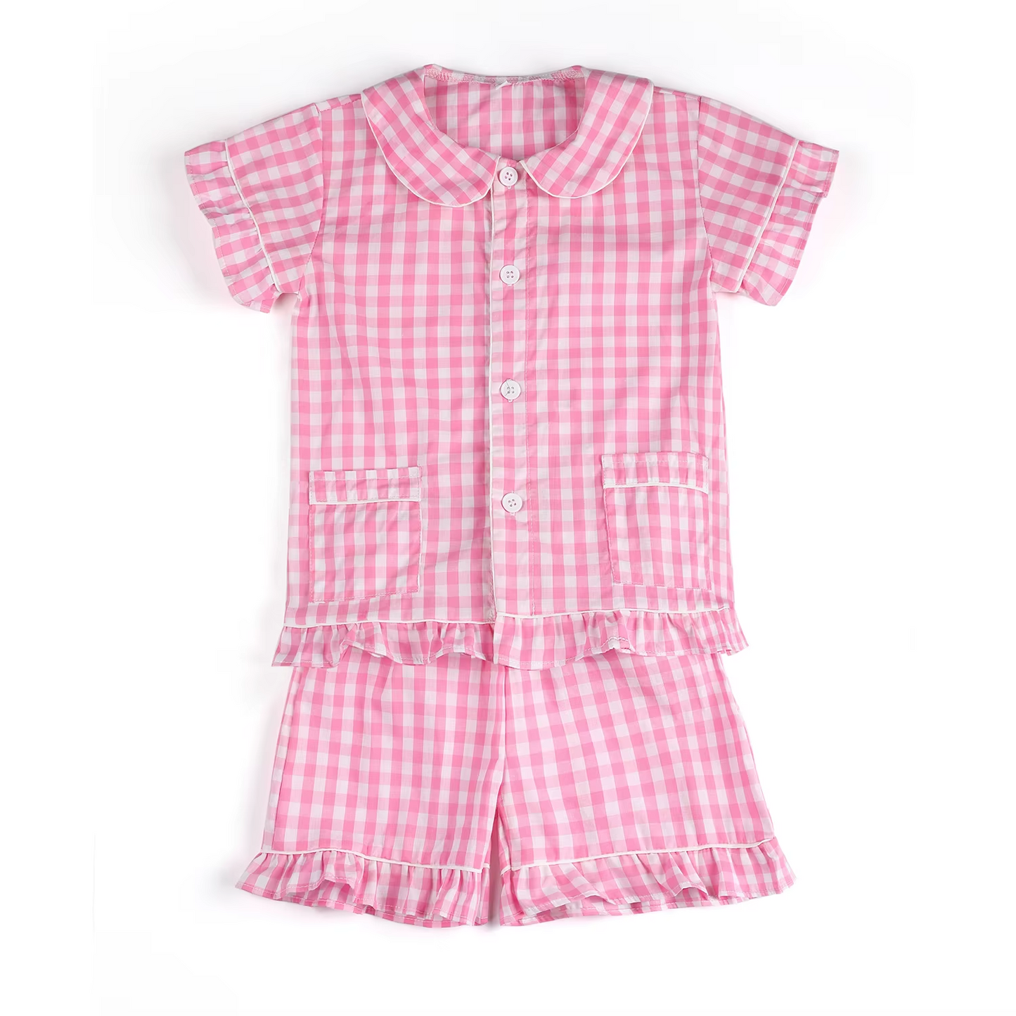 Preorder moq 5 Baby Girls Pink Plaid Button Pockets Top Ruffle Short Pajamas Set