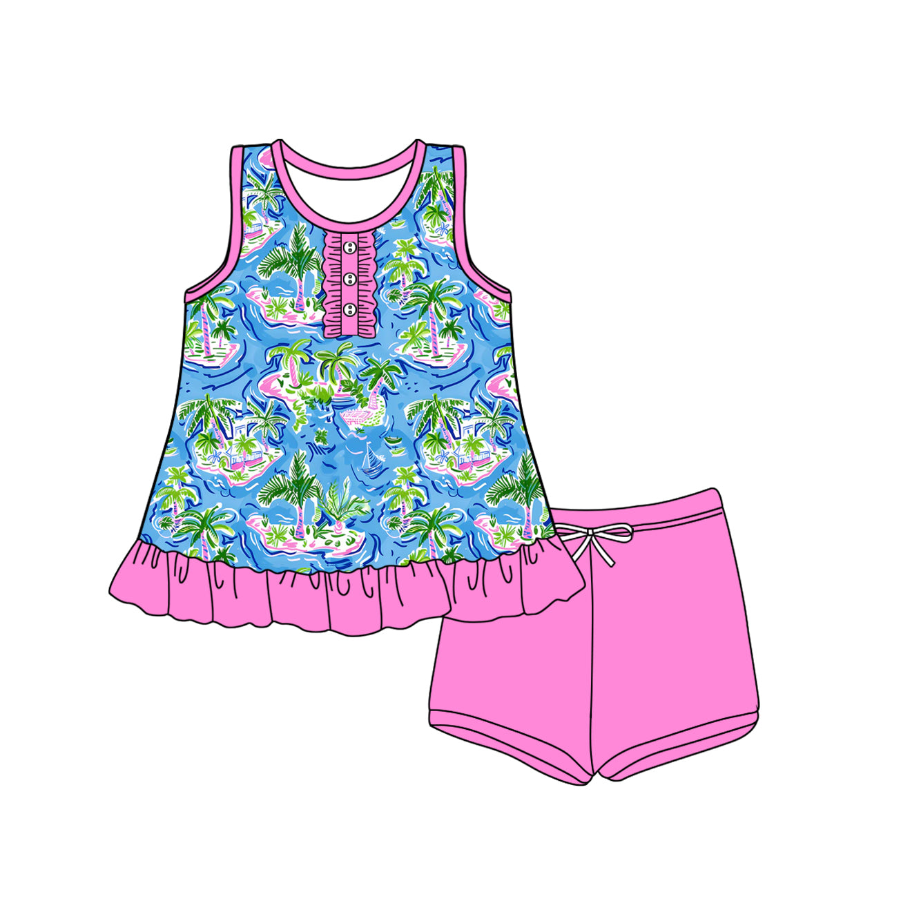 Preorder moq 5 Baby Girls Sleeveless Button Beach Plaid Tunic Short Set