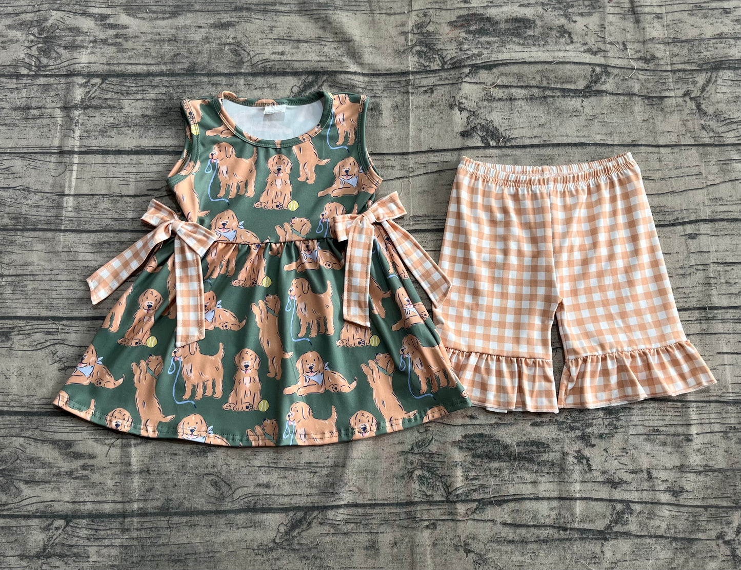 Baby Girls Green Sleeveless Dogs Bows Tunic Khaki Plaid Ruffle Shorts Sets