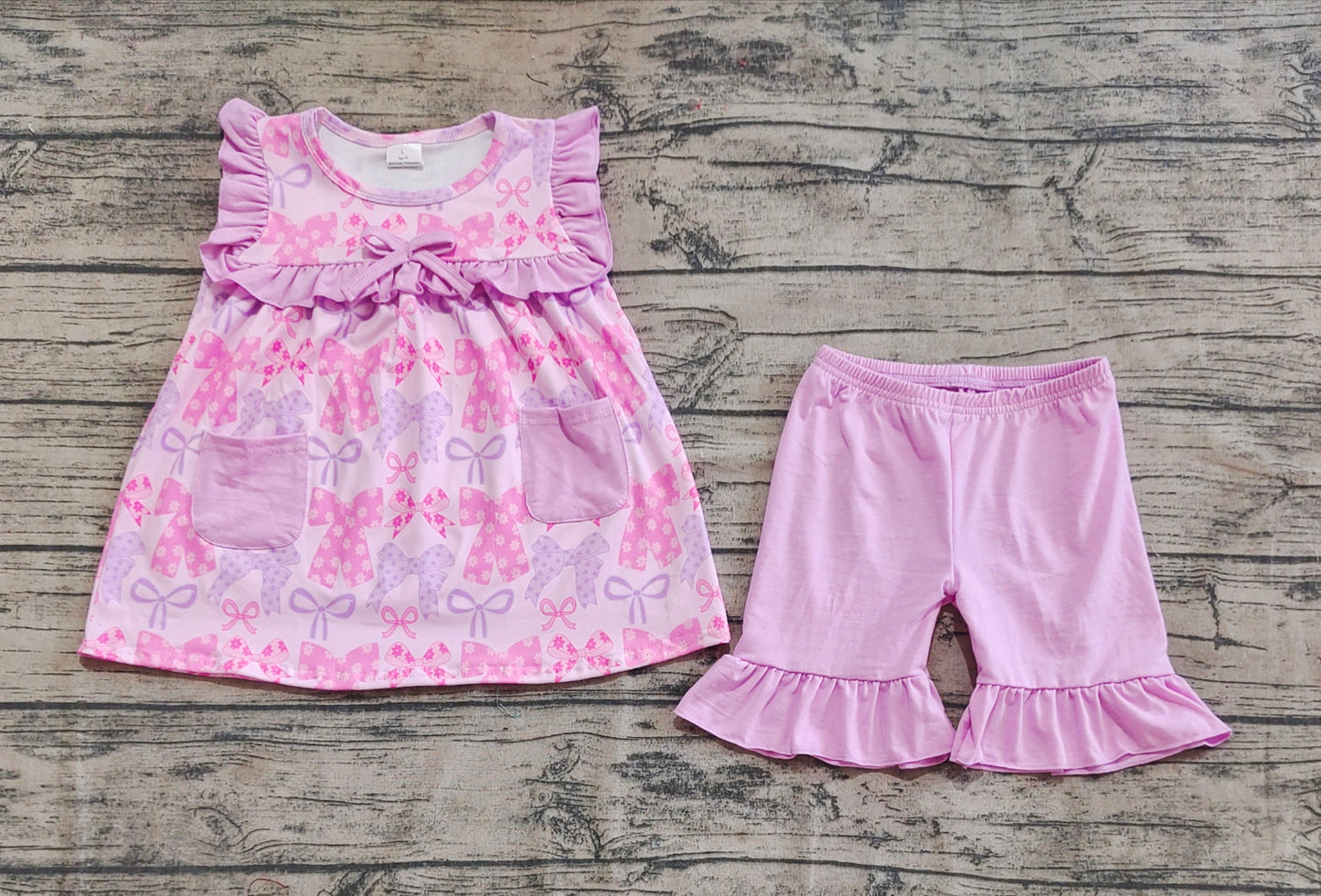 Baby Girls Lavender Bows Pockets Tunic Ruffle Shorts Sets