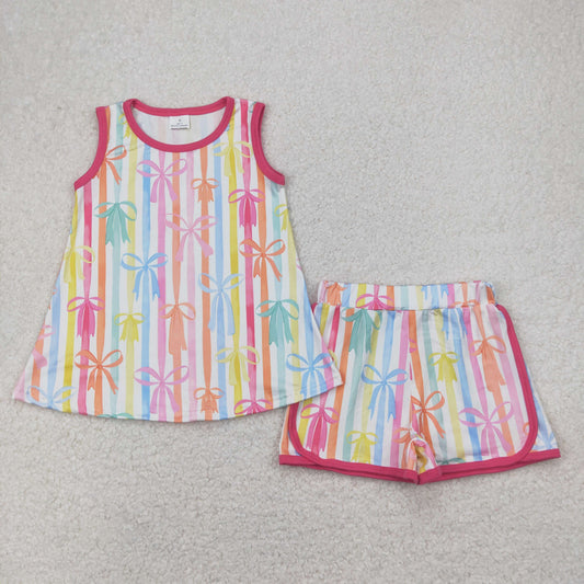 Sibling Baby Girls Sleeveless Colorful Stripe Bows Top Shorts Sets Knee Length Dresses