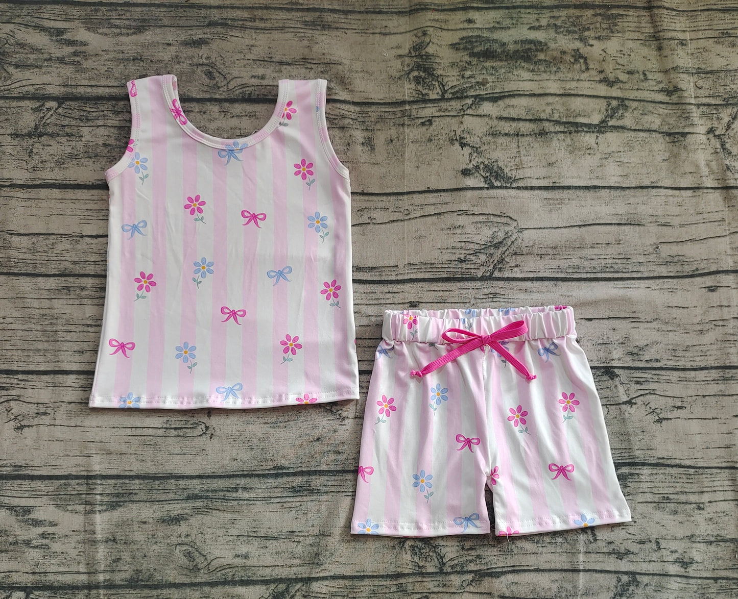 Baby Girls Pink Stripe Sleeveless Bows Flowers Top Shorts Sets