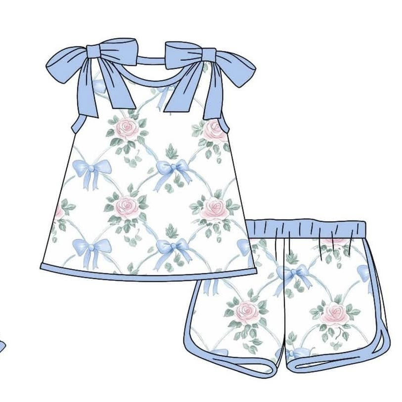 Preorder moq 5 Baby Girls Sleeveless Bows Flowers Plaid Tunic Short Set