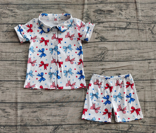Baby Girls Blue Red Bows Button Top Short 4th Of July Pajamas Sets