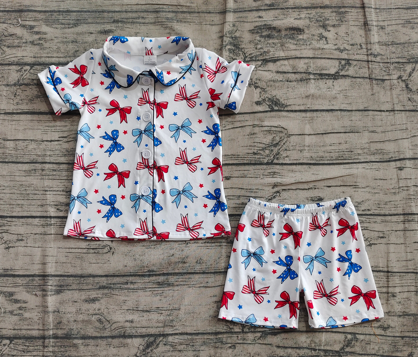 Baby Girls Blue Red Bows Button Top Short 4th Of July Pajamas Sets