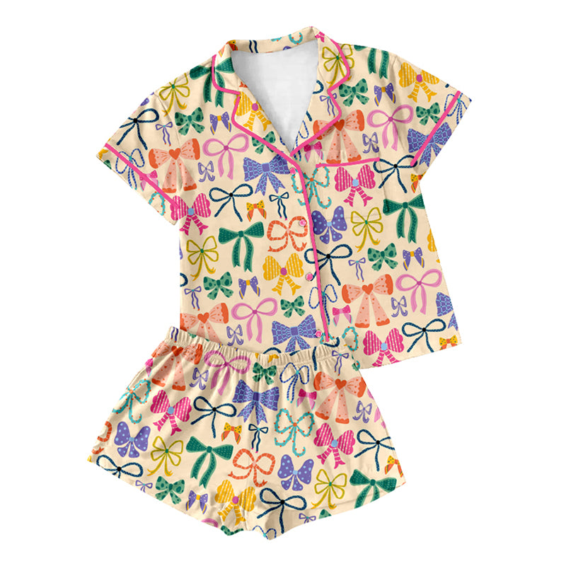 Preorder moq 5 Adult Women Colorful Bows Button Pocket Top Shorts Pajamas Set