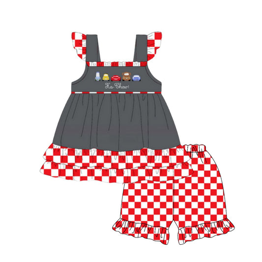 Preorder moq 5 Baby Girls Cartoon Cars Tunic Red Plaid Short Set