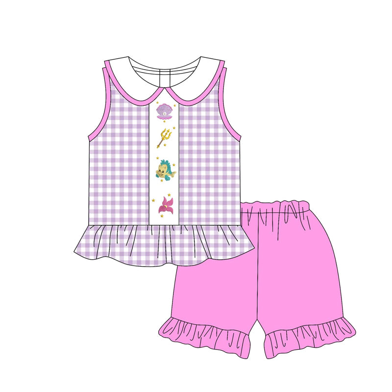 Preorder moq 5 Baby Girls Lavender Plaid Cartoon Fish Tunic Ruffle Short Set