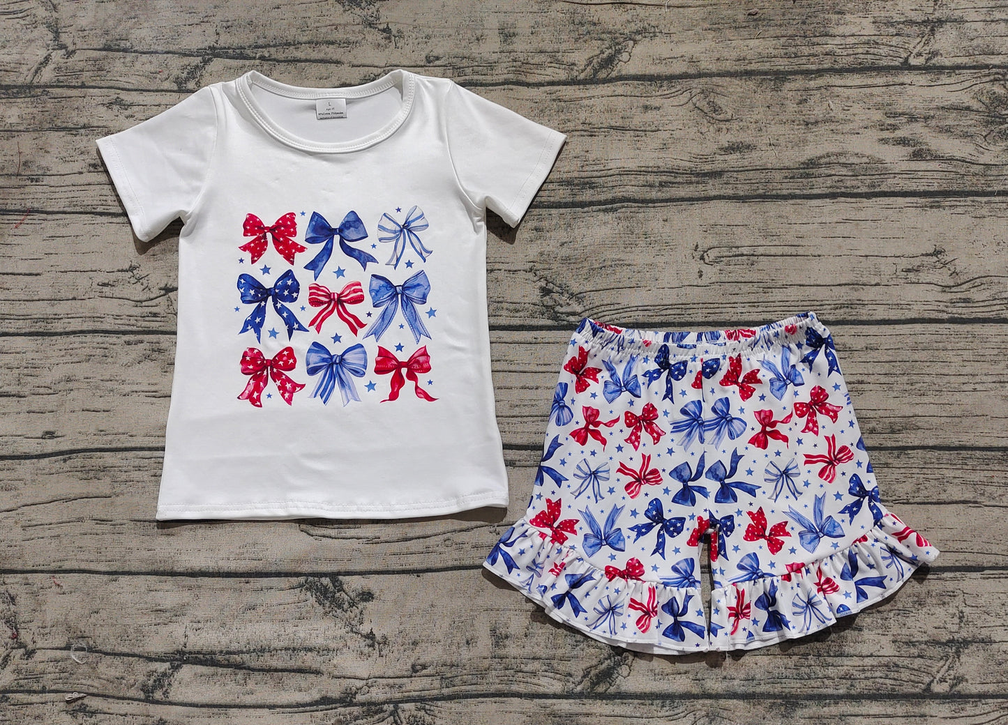 Baby Girls Blue Red Bows Stars Top Ruffle Shorts 4th Of July Sets