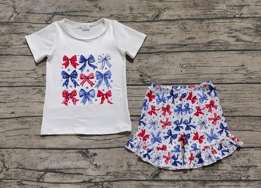 Baby Girls Blue Red Bows Stars Top Ruffle Shorts 4th Of July Sets