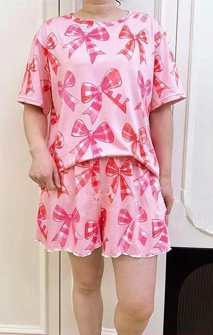 Adult Women Pink Short Sleeves Bows Top Short Pajamas Set