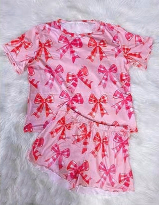 Baby Girls Pink Short Sleeves Bows Top Short Pajamas Set Preorder