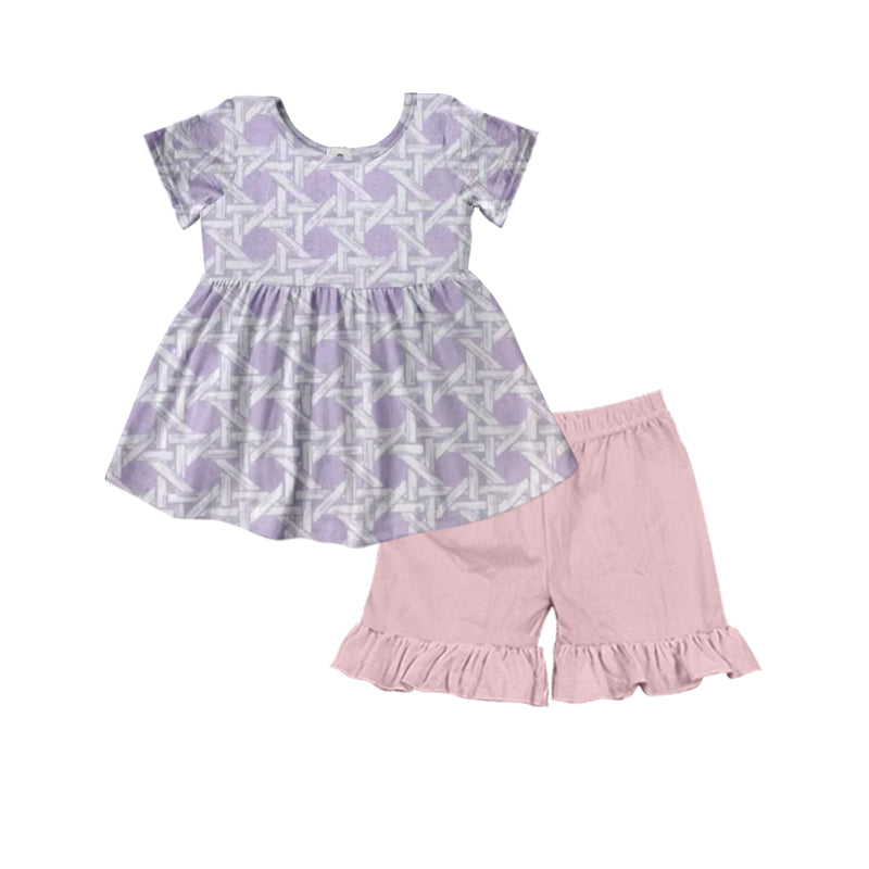 Baby Girls Lavender Short Sleeves Plaid Tunic Pink Ruffle Short Set Preorder