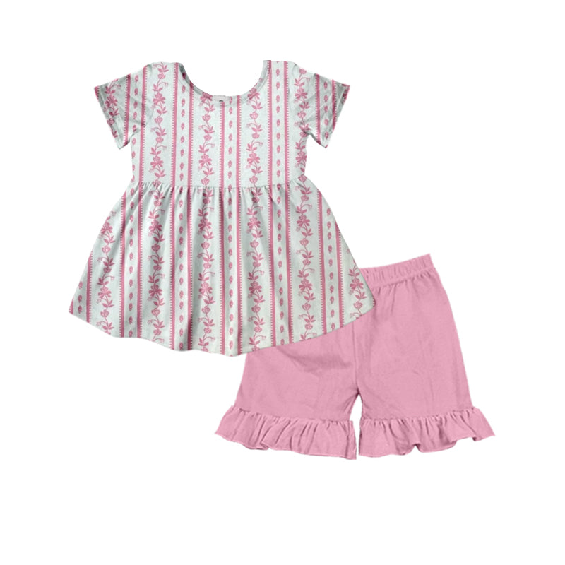 Baby Girls Short Sleeves Pink Floral Stripe Tunic Ruffle Short Set Preorder