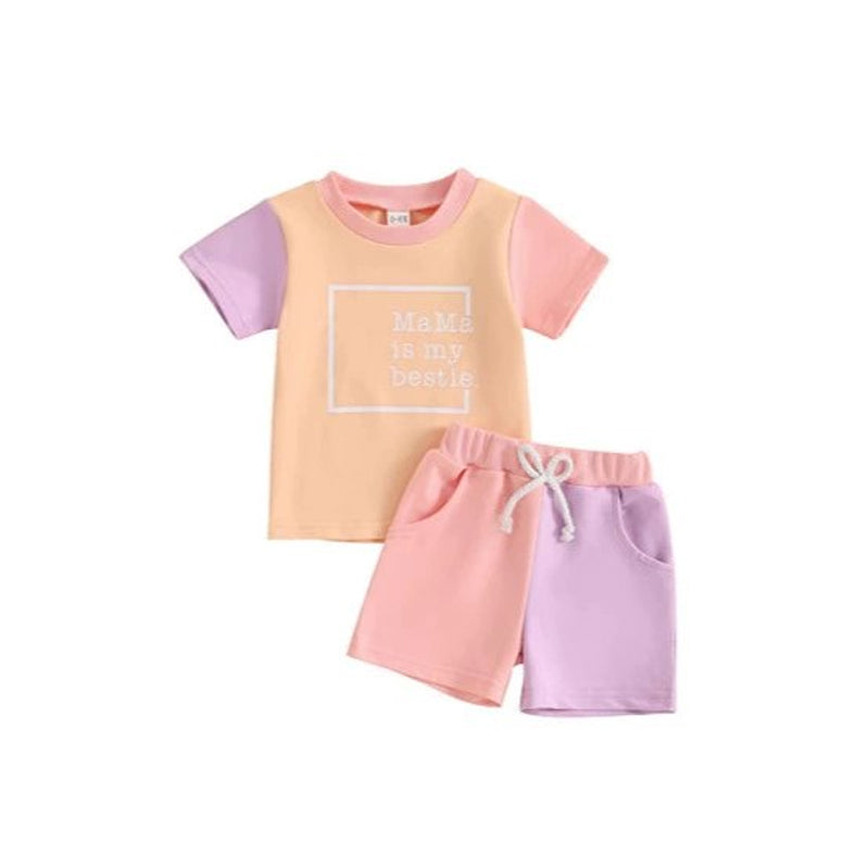 Preorder moq 5 Baby Girls Pink Lavender Mama Is My Bestie Top Pocket Short Set