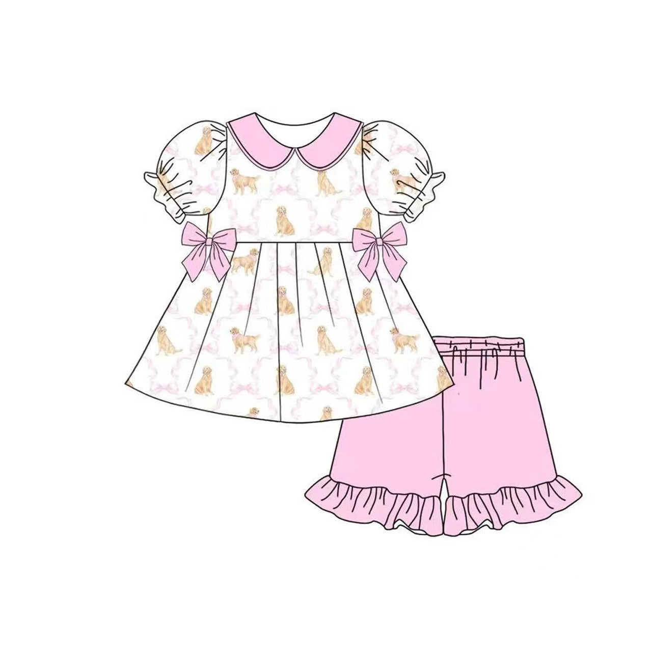 Preorder moq 5 Baby Girls Dogs Bows Tunic Pink Ruffle Short Set