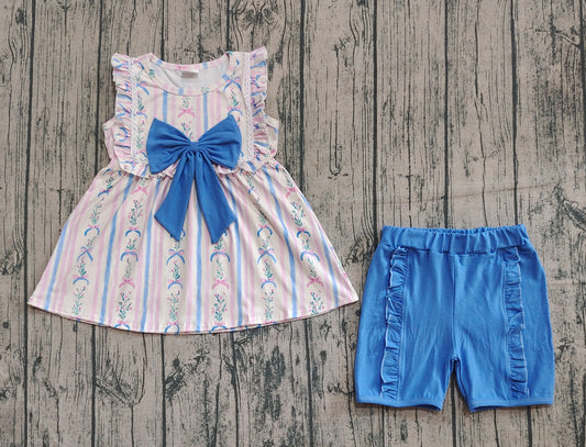 Baby Girls Sleeveless Floral Stripe Tunic Ruffle Shorts Sets