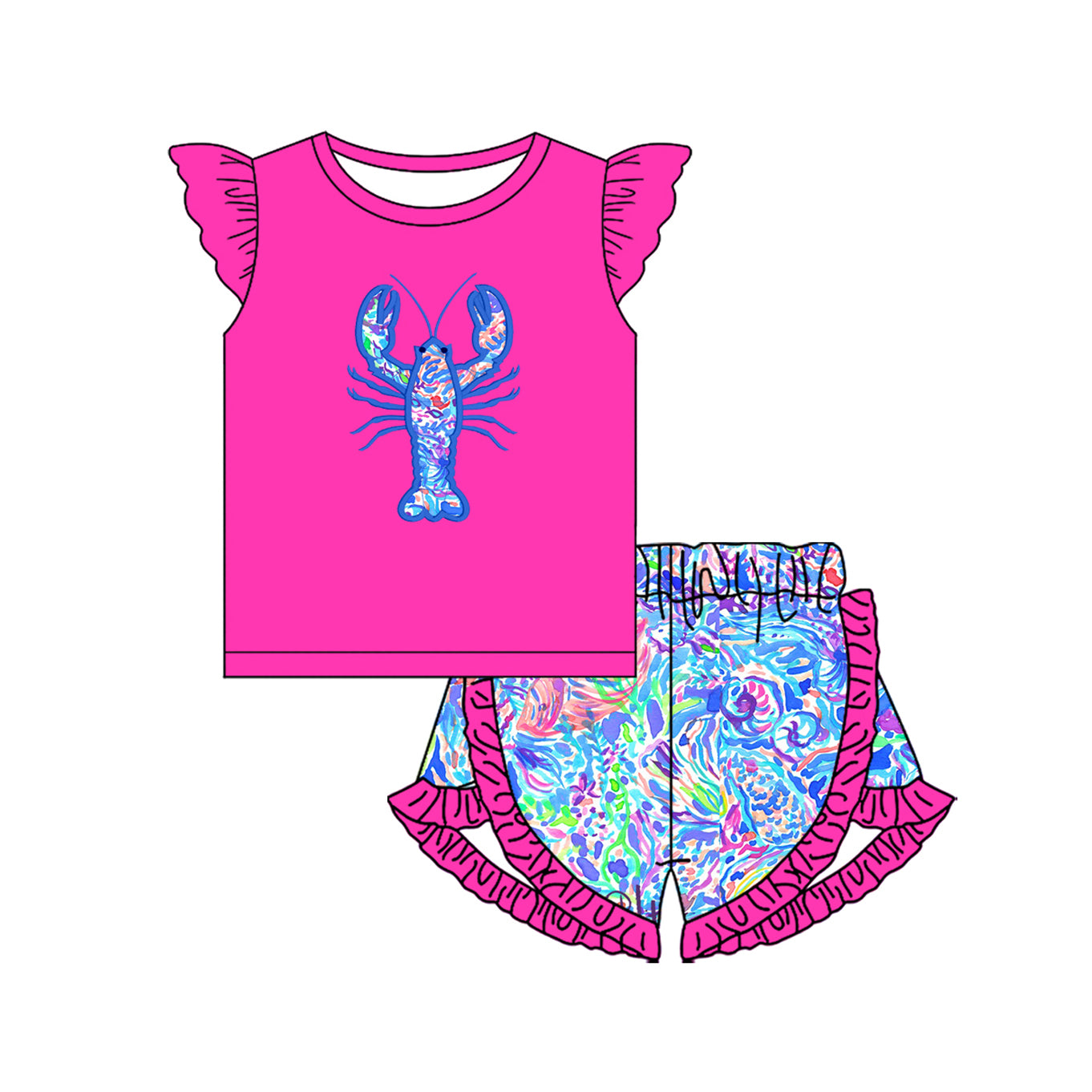 Preorder moq 5 Baby Girls Hot Pink Floral Crayfish Top Ruffle Shorts Set