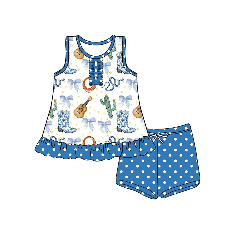 Baby Girls Sleeveless Button Boots Cactus Tunic Blue Polka Dots Shorts Set Preorder