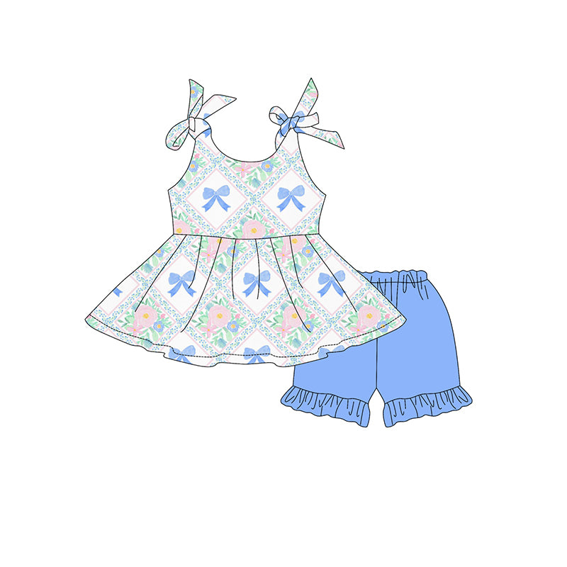 Baby Girls Strap Blue Bows Floral Tunic Ruffle Short Set Preorder