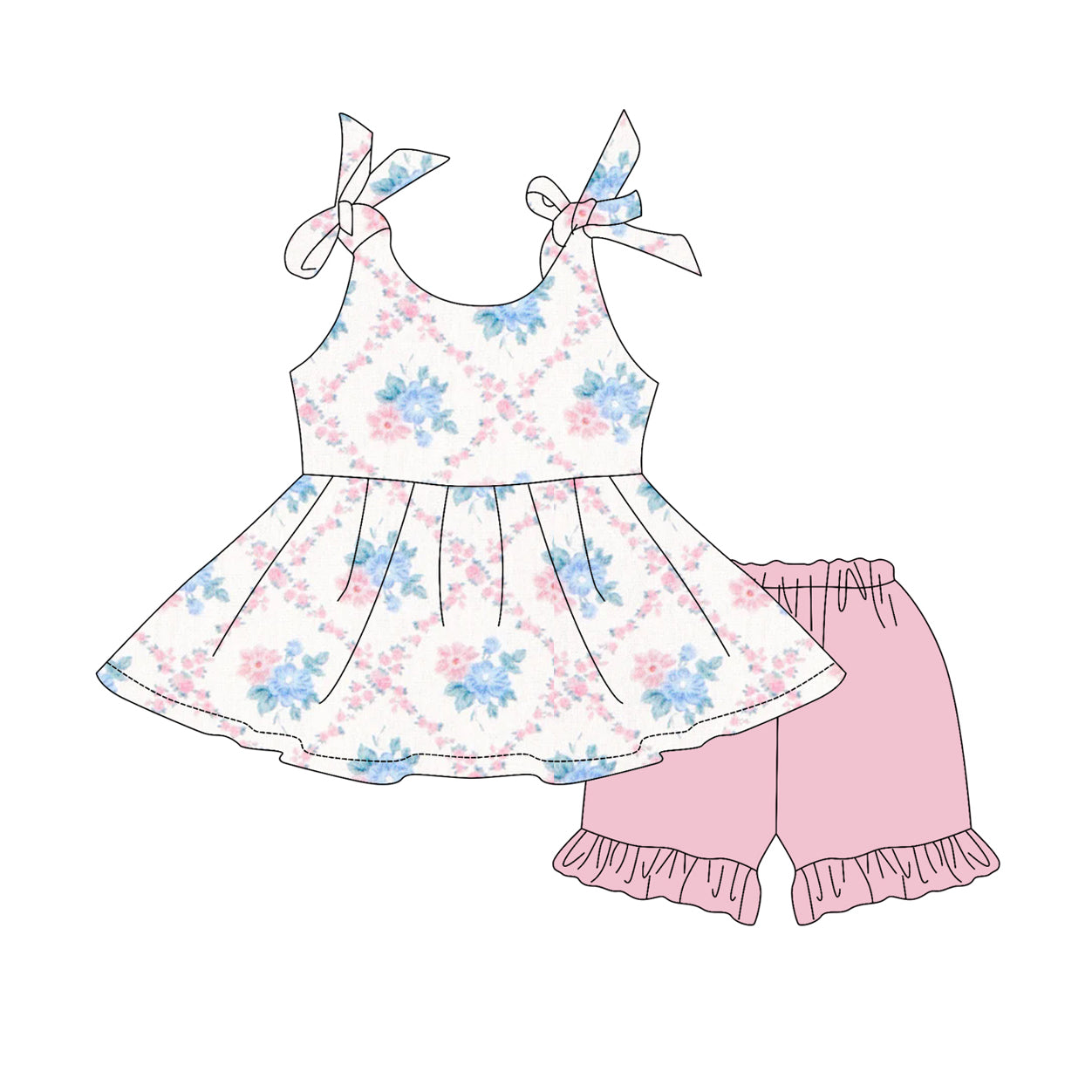 Baby Girls Strap Pink Floral Plaid Tunic Ruffle Short Set Preorder