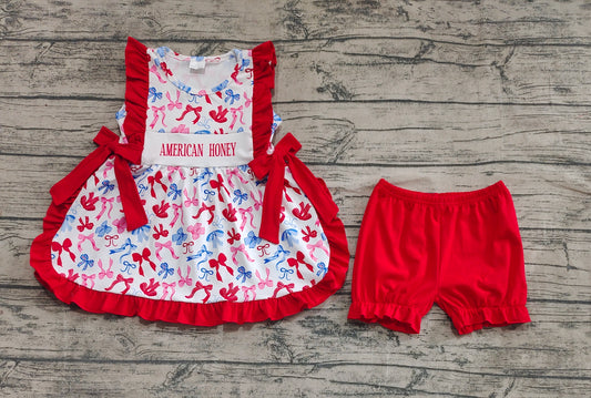 Baby Girls American Honey Bows Tunic Ruffle Shorts 4th Of July Sets