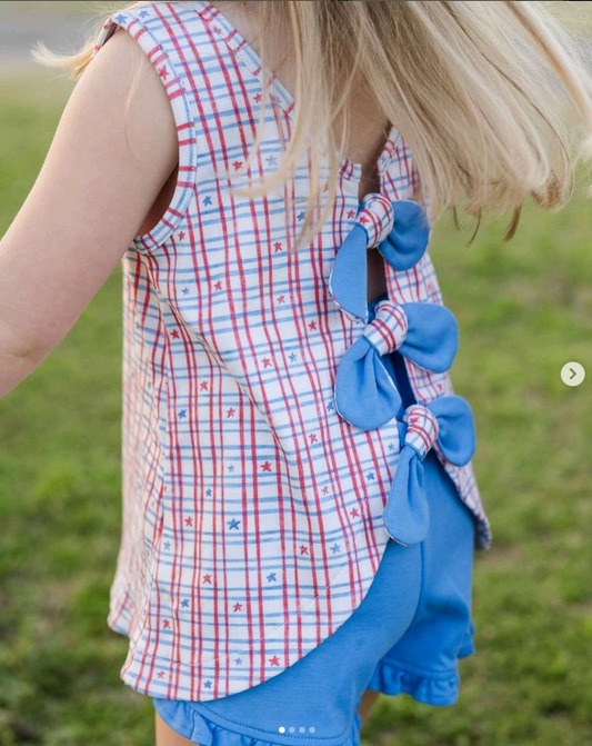 Baby Girls Sleeveless Blue Red Plaid Stars Tunic Ruffle Short 4th Of July Set Preorder