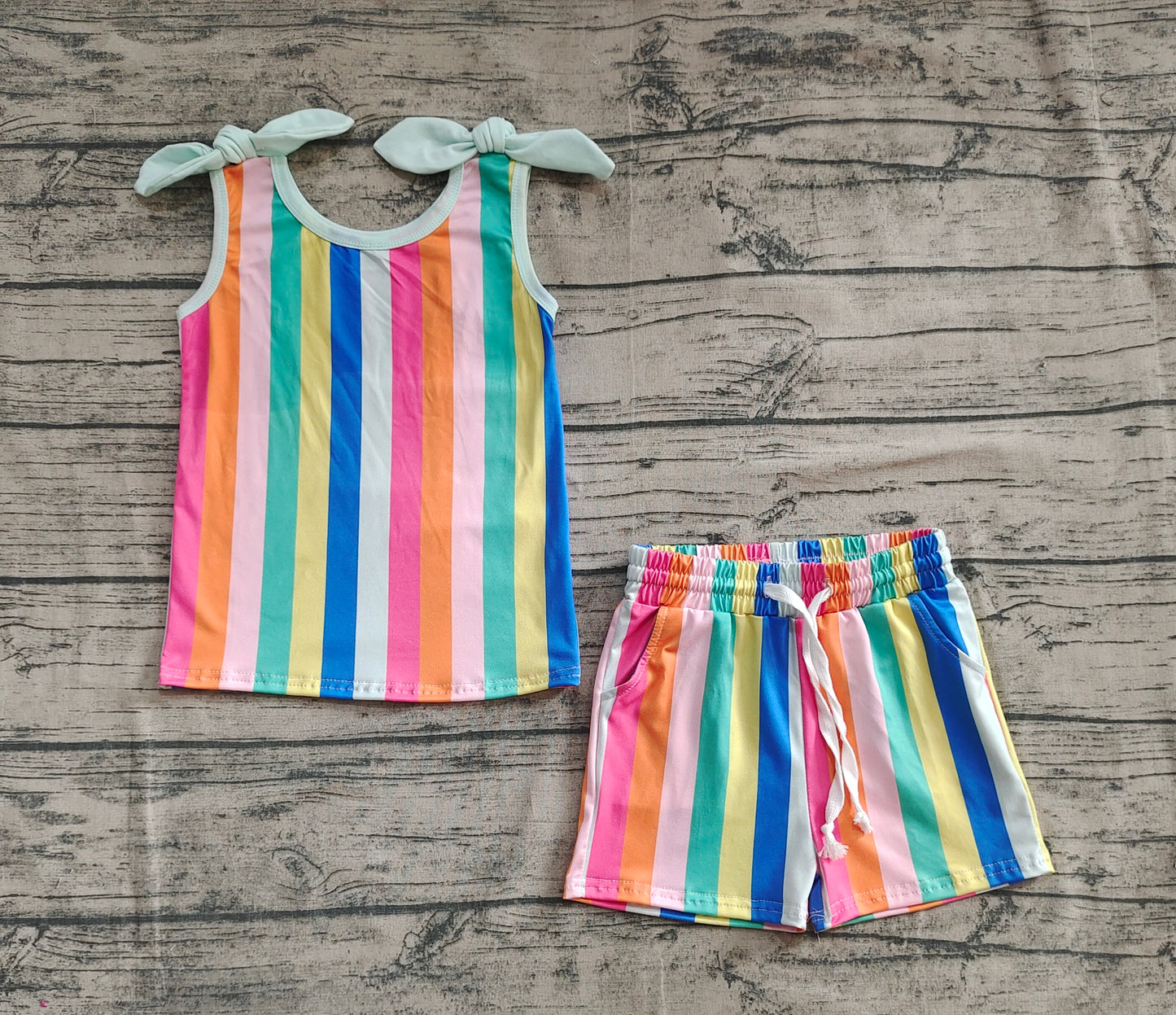 Baby Girls Sleeveless Colorful Stripe Top Pockets Shorts Sets
