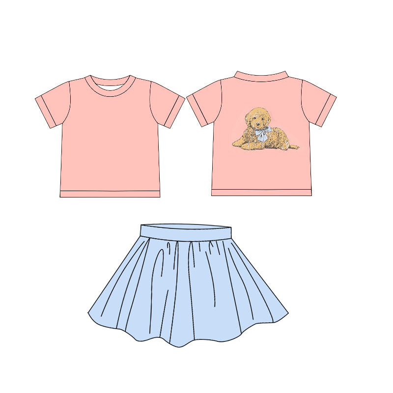 Preorder moq 5 Baby Girls Pink Short Sleeves Dog Top Blue Skirt Set