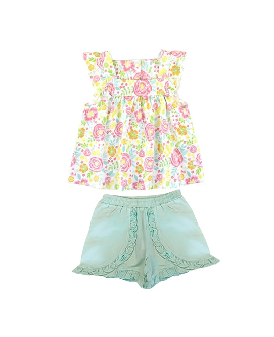 Preorder moq 5 Baby Girls Flutter Sleeves Yellow Pink Floral Tunic Aqua Ruffle Short Set