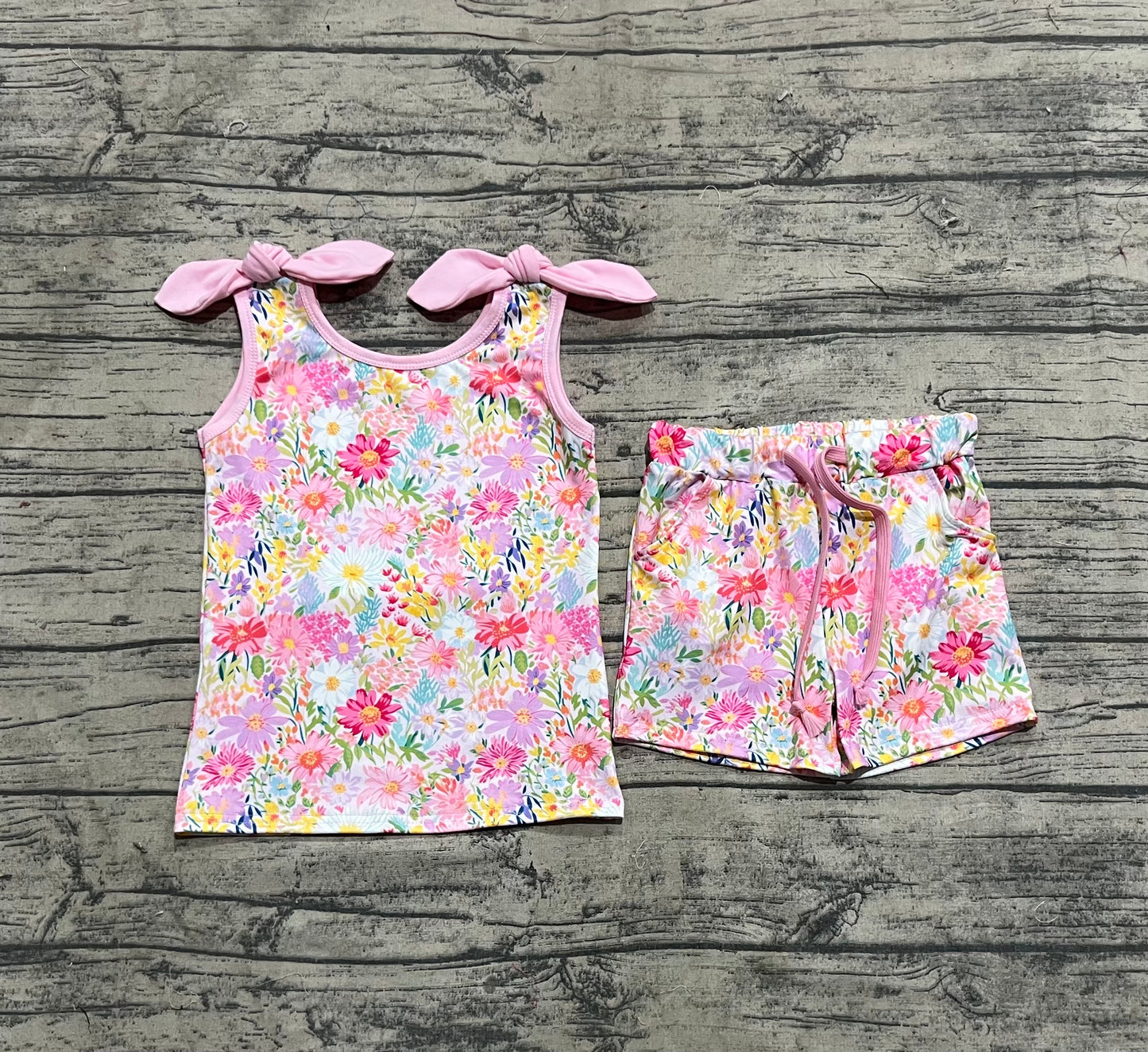 Baby Girls Pink Bows Strap Floral Top Pockets Shorts Sets