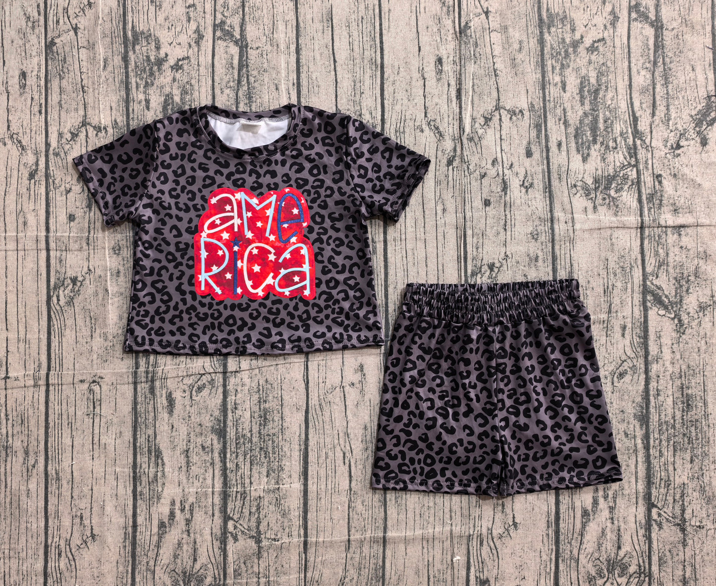 Baby Girls Black Leopard American Stars Top Short 4th Of July Slouchy Set