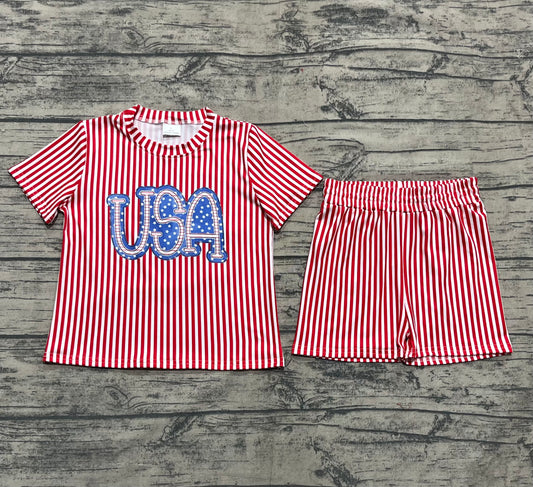 Baby Girls Red Stripe USA Top Short 4th Of July Pajamas Sets