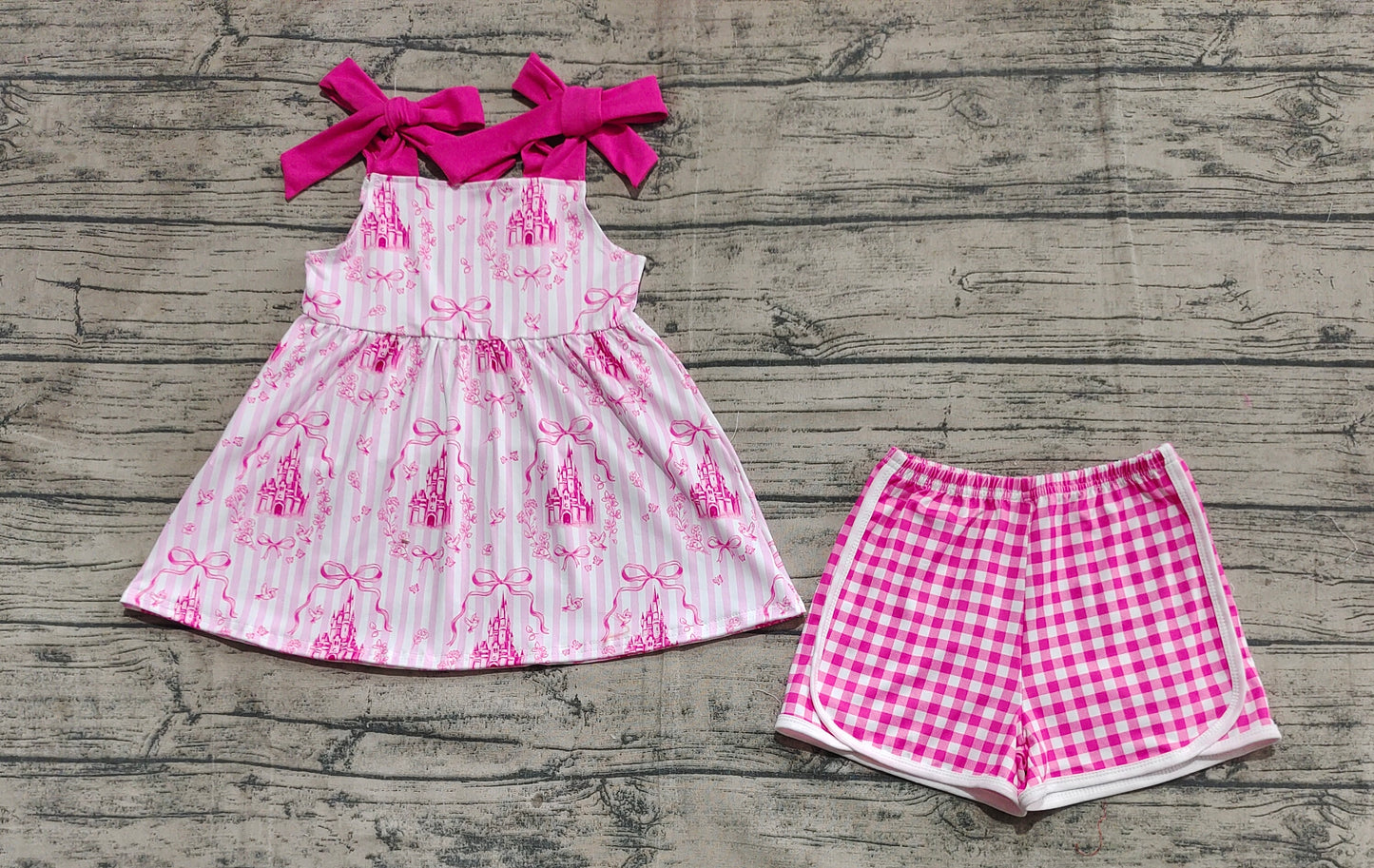 Baby Girls Pink Strap Castles Bows Tunic Plaid Short Sets