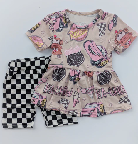 Preorder moq 5 Baby Girls Khaki Short Sleeves Cartoon Cars Tunic Black Short Set