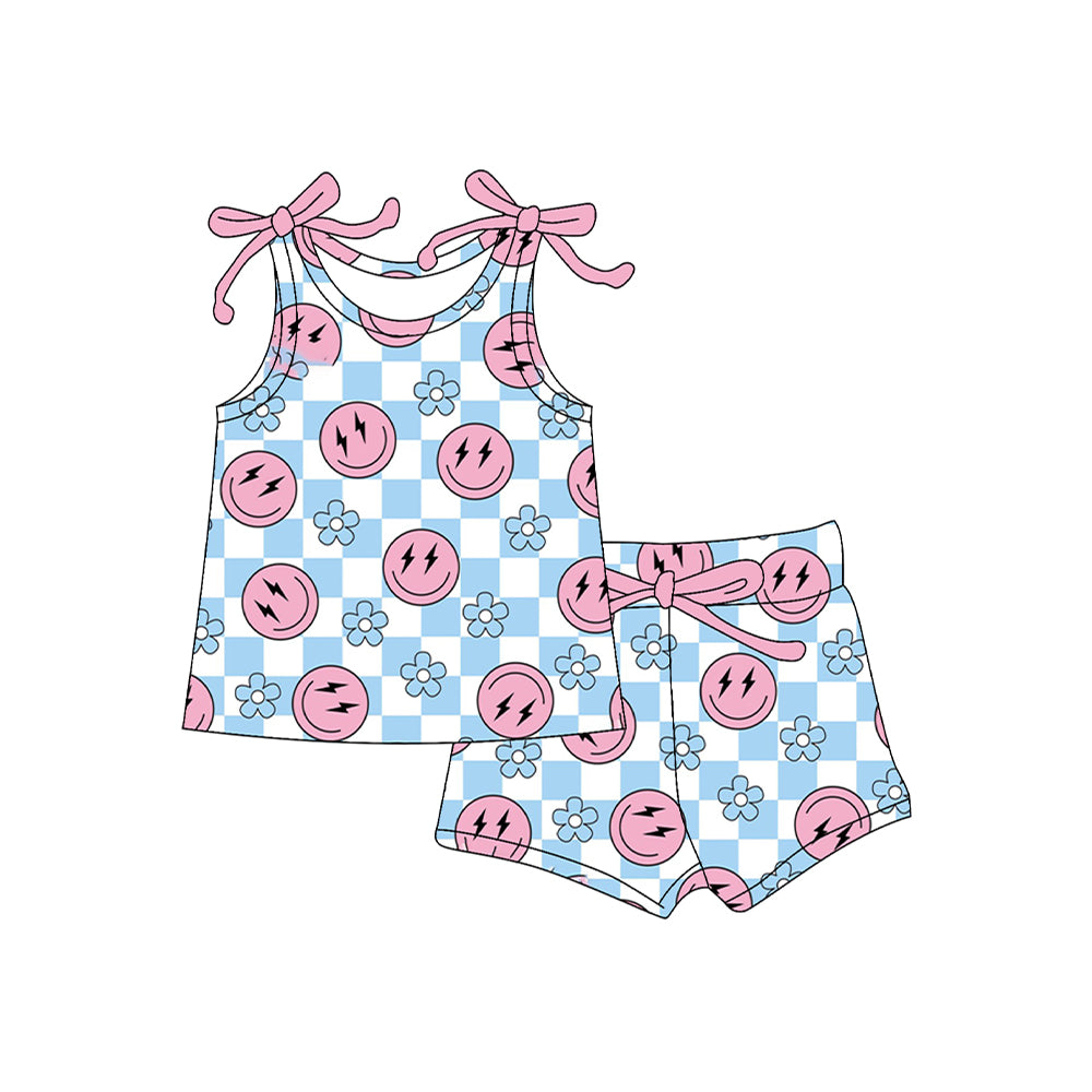 Baby Girls Sleeveless Pink Smiles Blue Plaid Flowers Top Short Set Preorder